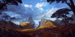  absurdres blue_sky cloud cloudy_sky day flower grasslands highres hill mountainous_horizon no_humans original outdoors painting_(medium) philipp_urlich plant ravine scenery shadow sky snow traditional_media tree water waterfall 