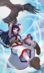  1girl ainu ainu_clothes armpits arms_up bird black_eyes black_hair blue_sky boots bow brown_footwear cloud cloudy_sky dys eagle fingerless_gloves full_body gloves hair_bow highres nakoruru ninja open_mouth outdoors red_bow samurai_spirits shoe_soles sky solo white_gloves 