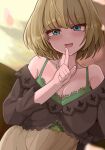  1girl blush bob_cut breasts cleavage collarbone domidori finger_to_mouth green_hair heterochromia highres idolmaster idolmaster_cinderella_girls large_breasts looking_at_viewer mole mole_under_eye off_shoulder ribbed_skirt smile solo takagaki_kaede 