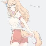  1girl animal_ears blonde_hair blue_eyes breasts closed_mouth cowboy_shot from_behind gold_city_(umamusume) grey_background gym_uniform holding_own_tail horse_ears horse_girl horse_tail inutose long_hair looking_back red_shorts shirt short_sleeves shorts small_breasts solo sweat tail tail_through_clothes twitter_username umamusume white_shirt 