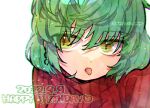  1girl chromatic_aberration dated doradorakingyo green_hair happy_birthday heart hikage_(senran_kagura) light_particles long_sleeves looking_at_viewer red_sweater ribbed_sweater senran_kagura short_hair simple_background solo sweater tongue tongue_out twitter_username upper_body white_background yellow_eyes 