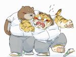  2023 anthro bear belly big_belly blush bottomwear brown_body clothing duo feet felid footwear hi_res kemono male mammal overweight overweight_male pantherine pants pommn_mn sandals shirt surprise tiger topwear 