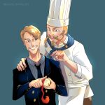  2boys apple artist_name asukaanimeart asymmetrical_bangs beard black_necktie blonde_hair braid braided_beard chef chef_hat cutting facial_hair food formal fruit goatee grin hand_on_another&#039;s_shoulder hat highres holding holding_food holding_fruit multiple_boys mustache necktie one_piece red_shoes_zeff sanji_(one_piece) short_hair simple_background smile uniform 