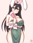  1girl alternate_costume animal_ears artist_logo black_hair breasts chikuma_(kancolle) covered_navel dated detached_collar dress fake_animal_ears folded_fan folding_fan gradient_background green_dress hair_between_eyes hand_fan kanon_(kurogane_knights) kantai_collection large_breasts long_hair looking_at_viewer no_panties one-hour_drawing_challenge pink_background playboy_bunny solo strapless wrist_cuffs 
