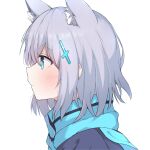  1girl animal_ears blue_archive blue_eyes blue_jacket blue_scarf blush cross_hair_ornament expressionless from_side hair_ornament highres jacket looking_to_the_side medium_hair prst_pictuer scarf shiroko_(blue_archive) simple_background solo upper_body white_background white_hair 