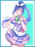  1girl bare_shoulders bow bowtie bracelet breasts commentary_request detached_sleeves dot_nose green_bow green_bowtie hairband hand_up highres jewelry kinomi_3030 long_hair looking_at_viewer love_live! love_live!_sunshine!! matsuura_kanan one_eye_closed ponytail purple_eyes purple_hair sleeveless smile solo star_(symbol) star_print teeth 