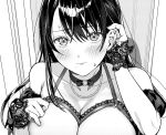  1girl adjusting_hair black_hair blush breasts choker cleavage detached_sleeves greyscale hajirau_kimi_ga_mitainda highres honjou_kaho jewelry lace-trimmed_wrist_cuffs large_breasts lingerie long_hair mole mole_under_mouth monochrome necklace pearl_necklace puffy_detached_sleeves puffy_sleeves ribbon_choker uma_raclette underwear upper_body 