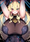  1girl absurdres armpits arms_up barghest_(fate) barghest_(second_ascension)_(fate) blonde_hair blue_eyes blush breasts chain chained covered_nipples fate/grand_order fate_(series) heterochromia highres huge_breasts imuzi jewelry long_hair pendant red_eyes revision sleeveless solo 