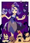  1girl :3 absurdres acerola_(pokemon) afuron antenna_hair armlet bird black_eyes black_sclera blue_dress blue_fire blush border character_name child collarbone colored_sclera commentary_request dress drifloon drop_shadow duskull fire flat_chest flipped_hair gengar grey_eyes hair_ornament half-closed_eyes hands_up happy highres holding holding_poke_ball litwick looking_at_viewer mimikyu multicolored_clothes multicolored_dress open_mouth oricorio oricorio_(sensu) outside_border palossand partial_commentary poke_ball pokemon pokemon_(creature) pokemon_(game) pokemon_sm purple_background purple_eyes purple_hair red_eyes red_sclera sand_castle sand_sculpture short_hair short_sleeves sidelocks smile solid_oval_eyes solo_focus standing teeth translated ultra_ball white_border white_eyes yellow_eyes 