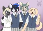  2020 anthro beastars blush bottomwear canid canine canis clothed clothing domestic_dog fleurfurr gesture group hi_res jack_(beastars) legoshi_(beastars) male mammal one_eye_closed open_mouth pants simple_background topwear v_sign vest wolf 