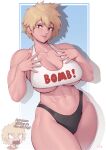  1boy 1girl abs absurdres bakugou_katsuki bakugou_mitsuki bare_arms bare_shoulders black_panties blonde_hair boku_no_hero_academia breasts chibi cleavage clothes_writing collarbone crop_top english_text furrowed_brow hair_between_eyes hands_on_own_chest highres large_breasts looking_at_viewer mature_female mother_and_son muscular muscular_female navel panties red_eyes short_hair signature smile solo_focus speedl00ver spiked_hair tank_top thick_thighs thighs underboob underwear white_tank_top 
