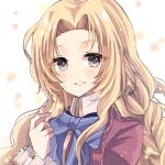  1girl alfin_reise_arnor blonde_hair braid braided_ponytail curtained_hair eiyuu_densetsu long_hair looking_at_viewer natsusechoco portrait purple_eyes sen_no_kiseki sidelocks single_braid smile solo upper_body 