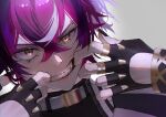  bishounen black_nails cheek_pull clenched_teeth crossed_bangs doppio_dropscythe eyebrow_piercing eyelashes fingerless_gloves gloves grey_background highres jewelry looking_at_viewer multicolored_hair nijisanji nijisanji_en orange_eyes piercing purple_hair ring sharp_teeth short_hair simple_background tebeneme3 teeth upper_body virtual_youtuber 