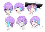  1boy absurdres blue_hair blush collared_shirt colorful_festival_(project_sekai) crescent crescent_facial_mark facial_mark grin hat highres kamishiro_rui male_focus multicolored_hair official_style one_side_up open_mouth portrait project_sekai purple_hair revival_my_dream_(project_sekai) shirt sidelocks simple_background smile streaked_hair taro14_tea top_hat white_background yellow_eyes 