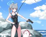  1boy 1girl absurdres animal_ear_fluff animal_ears arona&#039;s_sensei_doodle_(blue_archive) black_one-piece_swimsuit blue_archive blue_eyes blue_sky blurry breasts cloud commentary_request competition_swimsuit covered_navel cross_hair_ornament daily_time day extra_ears fishing_rod grey_hair gun hair_ornament halo handgun highres horizon korean_commentary low_ponytail medium_breasts medium_hair mismatched_pupils multicolored_clothes multicolored_swimsuit ocean official_alternate_costume one-piece_swimsuit outdoors rock sensei_(blue_archive) shiroko_(blue_archive) shiroko_(swimsuit)_(blue_archive) sky standing swimsuit weapon weapon_request wet wet_clothes wet_swimsuit wolf_ears 