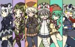  6+girls african_rock_python_(kemono_friends) animal_hood animal_print bare_legs blonde_hair blue_eyes blush boots breasts brown_eyes chibi cleavage closed_mouth coin collared_jacket crossed_arms detached_hood double-parted_bangs drawstring fangs genbu_(kemono_friends) geta gloves gourd green_hair grey_eyes grey_hair hair_between_eyes hand_in_pocket hand_on_own_hip hand_up hands_up high_ponytail holding holding_coin holding_gourd holding_whip hood hood_up hooded_jacket jacket japanese_clothes kemono_friends king_cobra_(kemono_friends) legs_apart long_sleeves looking_at_viewer miniskirt multicolored_hair multiple_girls necktie nose_blush okinawa_habu_(kemono_friends) open_mouth pantyhose parted_bangs partially_shaded_face print_jacket purple_eyes purple_hair simple_background skirt sleeveless slit_pupils smile snake snake_hood snake_print snake_tail srd_(srdsrd01) standing tail tan thigh_boots tsuchinoko_(kemono_friends) turtle two-tone_hair v-shaped_eyebrows whip yamata_no_orochi_(kemono_friends) yellow_eyes zettai_ryouiki zipper 
