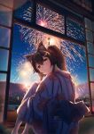  1girl absurdres aerial_fireworks animal_ear_fluff animal_ears black_hair blush brown_hair closed_mouth commentary_request crossed_bangs fireworks floral_print floral_print_kimono garden gradient_sky hair_between_eyes hair_ribbon head_tilt highres hololive hoshino_mizuki_(hoshino_263f) japanese_clothes kimono knees_up looking_at_viewer mountainous_horizon night night_sky obi ookami_mio print_kimono ribbon rock sash scenery shouji sitting sky sliding_doors smile solo striped tatami vertical_stripes virtual_youtuber white_kimono window 