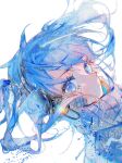  1girl absurdres blue_eyes blue_hair blue_theme crying crying_with_eyes_open dutch_angle ene_(kagerou_project) eyelashes floating_hair headphones highres kagerou_project long_hair looking_at_viewer looking_to_the_side matchazi portrait sideways_glance simple_background solo tears turtleneck twintails white_background 