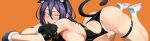  1girl animal_ears animal_hands ass back_cutout black_gloves black_leotard blue_hair breast_press breasts castell cat_ears cat_tail clothing_cutout dark_blue_hair fake_animal_ears fake_tail gloves hair_between_eyes highres hitomi-chan_wa_hitomishiri large_breasts leotard looking_at_viewer lying on_stomach open_mouth orange_background paw_gloves paw_shoes purple_eyes sanpaku sharp_teeth short_hair skindentation smile solo stomach_cutout tail takano_hitomi teeth thigh_strap white_footwear 