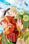  1girl 2boys black_hair blonde_hair blue_eyes boat curly_hair dragon_quest dragon_quest_vii dress fish flying_fish gloves green_eyes hat hero_(dq7) hood kiefer lizard long_hair maribel_(dq7) multiple_boys open_mouth orange_hair pichiro smile water watercraft 