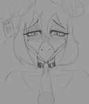  &lt;3 &lt;3_eyes anthro blush choker clothed clothing dinosaur female foreshortening goodbye_volcano_high greyscale hair hair_bun headshot_portrait hi_res jewelry lidded_eyes looking_at_viewer monochrome necklace ornithischian pocky_game pocky_in_mouth portrait reptile scalie smile snoot_game snout solo stegosaurian stegosaurus stella_(snoot_game) thyreophoran unknown_artist 