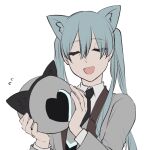  1girl animal_ears black_necktie blue_hair cat_ears cat_girl closed_eyes collared_shirt commentary_request e.g.o_(project_moon) employee_(lobotomy_corporation) flying_sweatdrops grey_jacket grey_vest heart holding_orb jacket light_blue_hair lobotomy_corporation long_hair long_sleeves necktie open_clothes open_jacket open_mouth project_moon shirt simple_background smile sumuna_sunaco twintails vest white_background white_shirt 