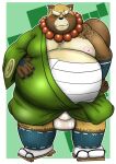  2023 anthro asian_clothing balls belly big_belly blush brown_body canid canine clothing east_asian_clothing footwear fundoshi genitals gyobu humanoid_hands japanese_clothing kemono lifewonders male mametanu_tanuki mammal moobs nipples one_eye_closed overweight overweight_male raccoon_dog sandals scar solo tanuki tokyo_afterschool_summoners underwear white_clothing white_fundoshi white_underwear wink 