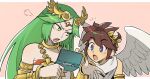  1boy 1girl angel angel_wings armlet blue_eyes blushily border brown_hair derivative_work forehead_jewel green_eyes green_hair handheld_game_console holding holding_handheld_game_console kid_icarus kid_icarus_uprising laurel_crown long_hair looking_at_another nintendo_3ds open_mouth outside_border palutena pit_(kid_icarus) screencap_redraw upper_body v-shaped_eyebrows white_border wings 