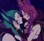  1boy 1girl animal_ears artelsia bare_shoulders closed_mouth eye_contact from_side gem green_hair hand_up highres league_of_legends long_hair looking_at_another multicolored_hair pink_hair profile purple_eyes purple_hair rakan_(league_of_legends) red_hair smile star_guardian_rakan star_guardian_xayah two-tone_hair xayah 