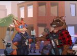  anthro arrested aviator_glasses bulletproof_vest canid canine car disney eyewear felid fist_bump fox gesture grin grizzlygus group gulonine gun holster judy_hopps lagomorph law_enforcement leporid male mammal marcus_quickhatch mustelid musteline nick_wilde police police_car police_officer psakorn_tnoi rabbit ranged_weapon red_fox shell_(projectile) shotgun shotgun_shell smile sunglasses tactical tactical_gear teeth_showing vehicle weapon wolverine zootopia 