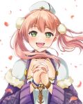  1girl :d atelier_(series) atelier_escha_&amp;_logy blush bracelet braid capelet commentary_request escha_malier fur-trimmed_capelet fur_trim green_eyes hands_up hat interlocked_fingers jacket jewelry long_hair long_sleeves looking_at_viewer open_mouth own_hands_together petals pink_hair purple_jacket shirt smile snowstar solo teeth twintails upper_body upper_teeth_only white_background white_capelet white_headwear white_shirt wind 