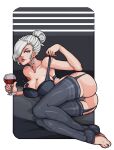  absurdres ass black_underwear blue_eyes breasts brushado cup drinking_glass feet hair_bun highres large_breasts lingerie looking_at_viewer pale_skin pinup_(style) roosterteeth rwby thong underwear white_hair wine_glass winter_schnee 