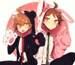  2boys :o ahoge animal_costume animal_ears animal_hands animal_hood bear_costume bear_hood bow breast_pocket brown_eyes brown_hair character_hood closed_mouth collared_shirt coojisan cosplay danganronpa:_trigger_happy_havoc danganronpa_(series) danganronpa_2:_goodbye_despair fake_animal_ears gloves green_eyes green_necktie hinata_hajime hood hood_up knee_up long_sleeves male_focus monokuma monokuma_(cosplay) monomi_(danganronpa) monomi_(danganronpa)_(cosplay) multiple_boys naegi_makoto necktie open_mouth paw_gloves pawpads pink_background pink_bow pocket rabbit_costume rabbit_ears shirt short_hair sitting sparkle teeth upper_teeth_only white_shirt 