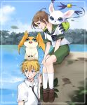  1boy 1girl :d black_neckerchief breasts brown_footwear brown_hair digimon digimon_adventure_02 gelato_ss1 green_sailor_collar green_skirt grin highres looking_at_another neckerchief open_mouth outdoors patamon sailor_collar shirt short_hair short_sleeves sitting skirt small_breasts smile socks tailmon takaishi_takeru teeth tree upper_body water white_shirt white_socks yagami_hikari 