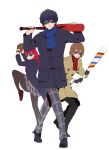  1girl 2boys absurdres akechi_gorou amamiya_ren baseball_bat baseball_mitt black_gloves black_hair black_pantyhose brown_hair closed_mouth coat gloves hair_between_eyes highres holding holding_baseball_bat igusaharu leg_up long_hair long_sleeves multiple_boys pants pantyhose persona persona_5 persona_5_the_royal plaid plaid_pants plaid_skirt ponytail red_hair scarf school_uniform simple_background skirt sunglasses white_background yoshizawa_kasumi 