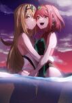  2girls bare_shoulders blonde_hair blush breasts cowboy_shot earrings hands_on_own_hips highres hug jewelry long_hair looking_at_viewer multiple_girls mythra_(xenoblade) pyra_(xenoblade) red_eyes red_hair short_hair slope_(check238) swimsuit thigh_strap tiara wet xenoblade_chronicles_(series) xenoblade_chronicles_2 yellow_eyes 