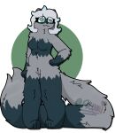  anthro big_tail breasts domestic_ferret eyelashes fangs female femlumi_(fylumi) fur fylumi gloves_(marking) green_hair grey_body grey_fur grey_tail hair hi_res huge_tail leg_markings long_tail mammal markings multicolored_body multicolored_fur mustelid musteline nude paws signature slightly_chubby socks_(marking) solo tail teeth true_musteline two_tone_body two_tone_fur weasel white_hair 