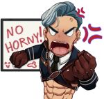  1boy abs anger_vein bara chibi clenched_hand ear_piercing elijah_antaios facing_viewer fairytale_police_hoe_department gloves idoraad looking_at_viewer male_focus meme multiple_piercings muscular muscular_male necktie no_horny_(meme) open_mouth piercing teeth thick_eyebrows tongue transparent_background upper_body whiteboard 