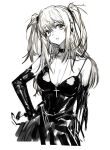  1girl absurdres amane_misa breasts choker cleavage cross cross_earrings cross_necklace death_note detached_sleeves dress earrings greyscale hand_on_hip highres jewelry large_breasts long_hair looking_at_viewer monochrome necklace parted_lips remsrar simple_background solo two_side_up 