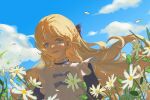 1girl absurdres aurore_lee blonde_hair blue_eyes blue_ribbon blue_sky choker circle_of_inevitability clear_sky cloud flower highres lips long_hair looking_at_viewer lord_of_the_mysteries mriyak outdoors parted_lips ribbon shaded_face shirt sky smile solo teeth white_shirt wind 