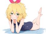  1girl absurdres barefoot blonde_hair blue_one-piece_swimsuit blush closed_mouth collarbone commentary feet_up full_body hair_between_eyes hair_ribbon hairband highres idolmaster looking_at_viewer lying medium_hair name_tag on_stomach one-piece_swimsuit pink_ribbon ribbon rnekon215 sakurai_momoka school_swimsuit smile solo swimsuit the_pose toes white_hairband 