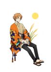  1boy bad_source black_pants bungou_stray_dogs buttons collared_shirt fingernails long_sleeves looking_at_viewer male_focus official_art orange_hair pants sandals shirt smile solo tanizaki_junichirou_(bungou_stray_dogs) toenails toes transparent_background 