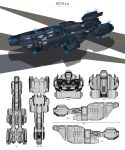  3d absurdres blueprint_(medium) caldari_state_(eve_online) commentary concept_art cruiser_(eve_online) eve_online feenposhleen from_side glowing grey_theme highres military_vehicle multiple_views no_humans original reference_sheet science_fiction shadow spacecraft thrusters vehicle_focus 