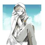  1boy blue_sky border buttons clenched_hand cloak cloud commentary_request crossed_legs eyelashes greyscale_with_colored_background highres hood hood_up hooded_cloak jacket long_sleeves looking_at_viewer necktie open_clothes open_jacket open_mouth pants ranko_no_ane short_hair sitting sketch sky spot_color suit touken_ranbu v-shaped_eyebrows wavy_mouth white_border yamanbagiri_kunihiro 