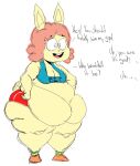  2017 anthro belly big_belly biped bottomwear breasts buckteeth butt carol_(kaboodles) clothed clothing cotton_tail dialogue digital_drawing_(artwork) digital_media_(artwork) english_text female front_view full-length_portrait fur gym_bottomwear gym_clothing gym_shorts hair kaboodles lagomorph leporid mammal monochrome obese obese_anthro obese_female offscreen_character open_mouth orange_hair overweight overweight_anthro overweight_female portrait rabbit shirt shorts simple_background sketch smile solo sportswear standing tail talking_to_another tank_top teeth text text_on_clothing text_on_shirt text_on_tank_top text_on_topwear thick_thighs topwear white_background wide_hips yellow_body yellow_fur yellow_tail 
