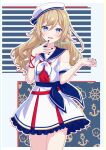  1girl alternate_costume alternate_hairstyle barbara_(genshin_impact) blonde_hair blue_eyes blue_nails blush dress genshin_impact hat long_hair neckerchief open_mouth pochimaru_(marumaru_wanwan) simple_background smile solo white_dress white_headwear white_neckerchief 