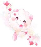  :p animal_focus colored_skin commentary_request flower hanabusaoekaki looking_at_viewer no_humans pink_eyes pink_flower pokemon pokemon_(creature) solid_oval_eyes solo swirlix tail tongue tongue_out white_background white_skin 
