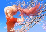  1girl absurdres ashorz blue_background blue_sky branch breasts cherry_blossoms clear_sky crying cutting_hair cutting_own_hair dappled_sunlight day detached_hair floating_hair from_side hands_up haruno_sakura highres holding holding_hair holding_weapon kunai long_hair looking_at_viewer naruto naruto_(series) nature parted_bangs petals pink_hair scene_reference short_hair short_sleeves sky solo sunlight upper_body weapon 
