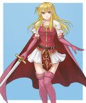  1girl belt blonde_hair boots cape closed_mouth elbow_gloves fire_emblem fire_emblem:_genealogy_of_the_holy_war gloves hazuki_(nyorosuke) highres holding holding_sword holding_weapon lachesis_(fire_emblem) long_hair looking_at_viewer shirt sidelocks skirt solo sword thigh_boots weapon white_skirt yellow_eyes 