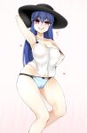  1girl arm_behind_head armpits arms_up black_headwear blue_hair blue_panties blush collarbone commentary_request gradient_background haseru_(ginku_mh) heart highres hinanawi_tenshi long_hair looking_at_viewer panties red_eyes shirt smile solo touhou underwear white_shirt 